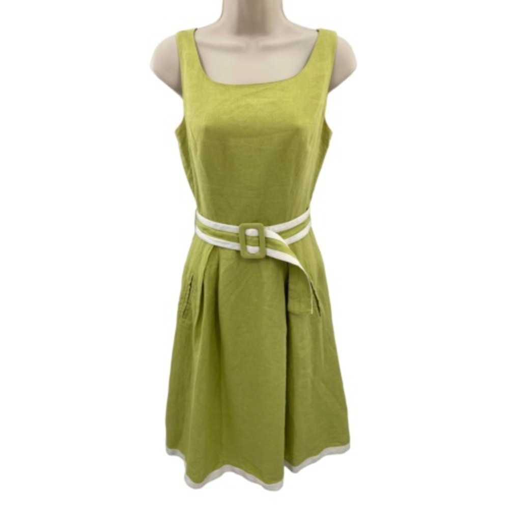Talbots Summer Derby Dress Womens 4 Green White Linen Lined‎ Belt